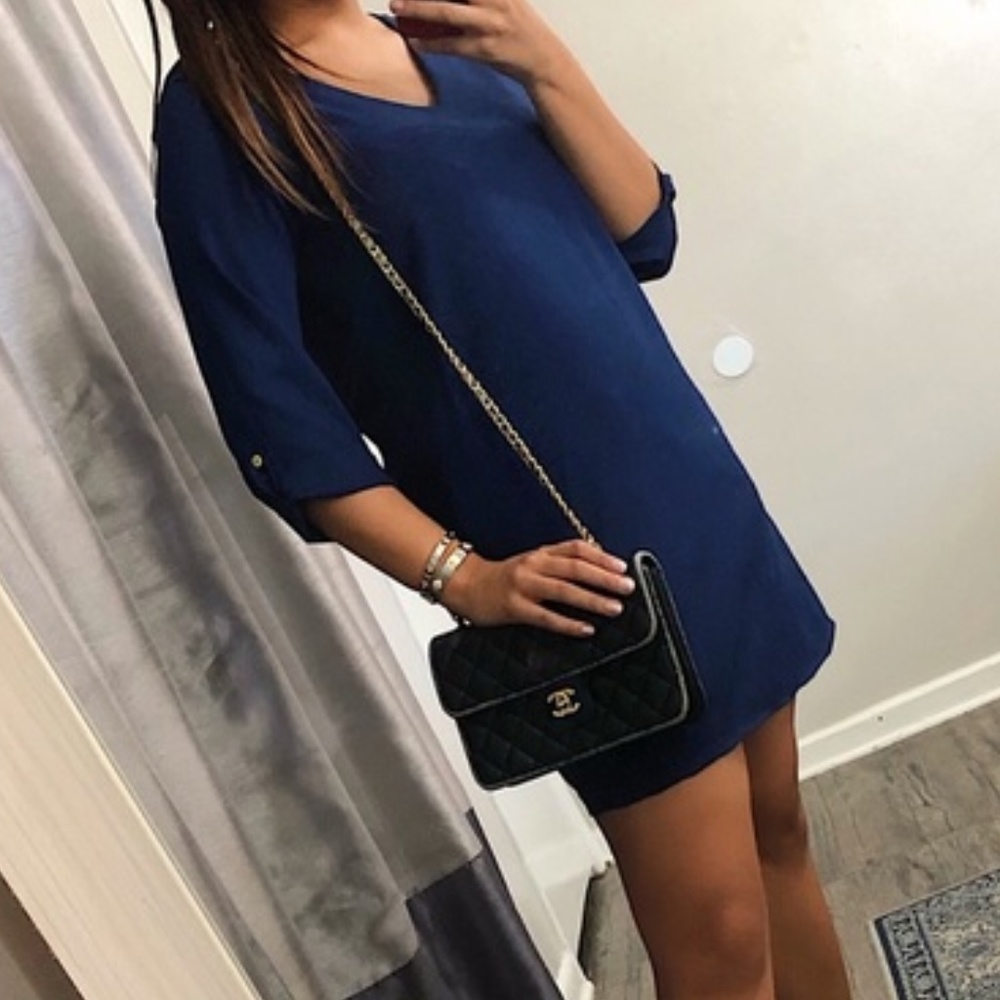 Navy Blue Mini Shirt Dress Quarter-Sleeve
